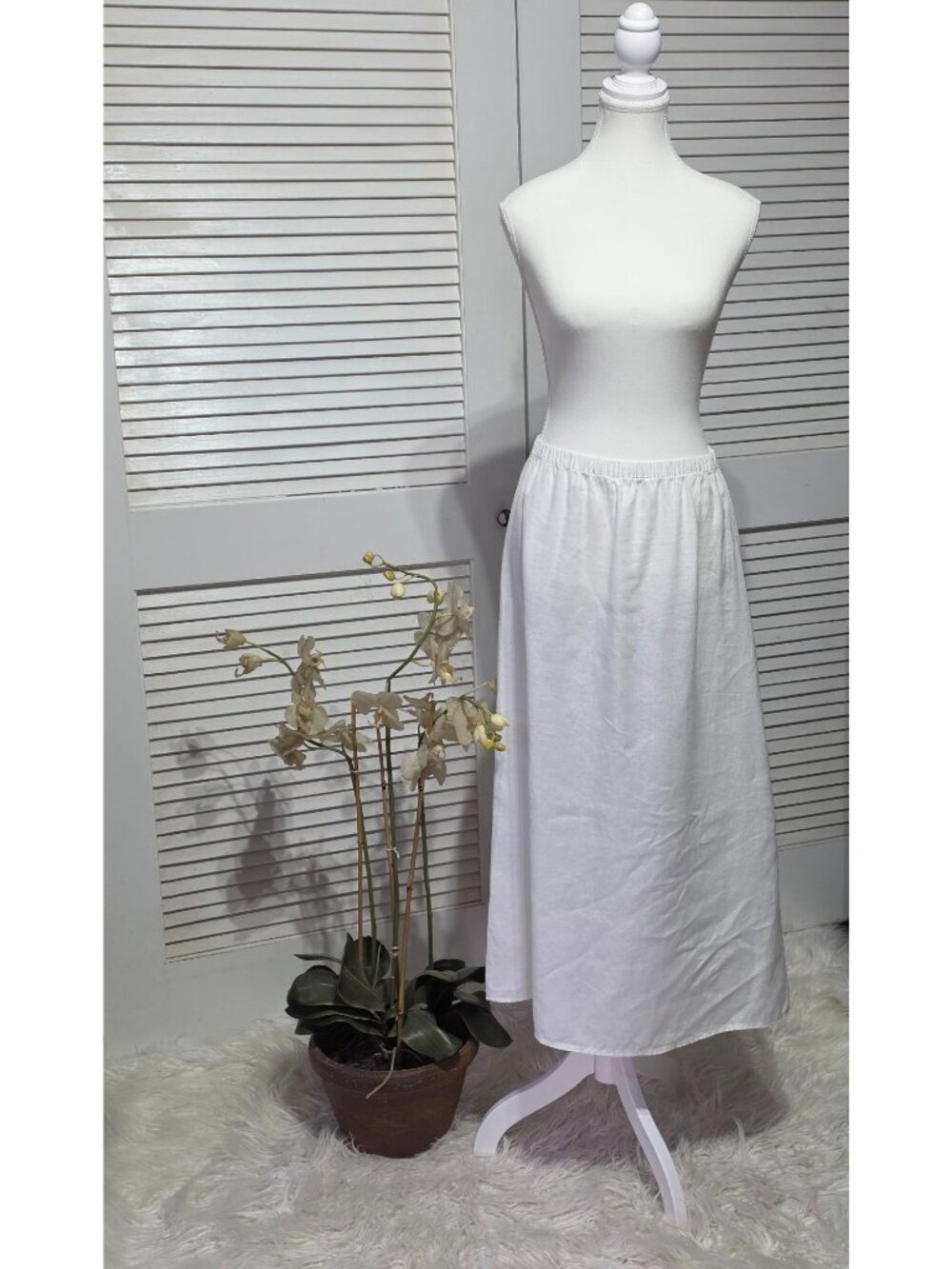 Eileen Fisher Women's White Organic Linen Elastic Waist Midi Skirt Size XXS 3893
